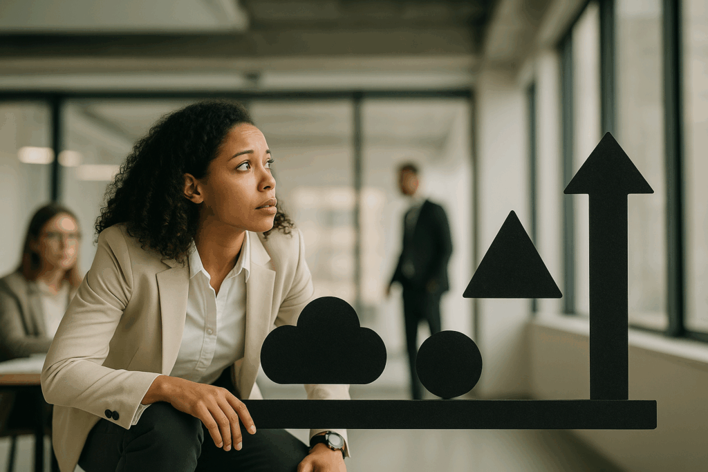 A business woman sitting in her work space thinking