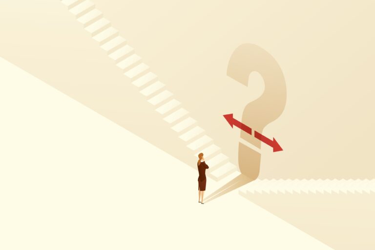 Business professional facing large question mark with directional arrows, representing vague employee survey questions that lack clarity and produce ambiguous responses instead of actionable data about workplace culture and engagement.